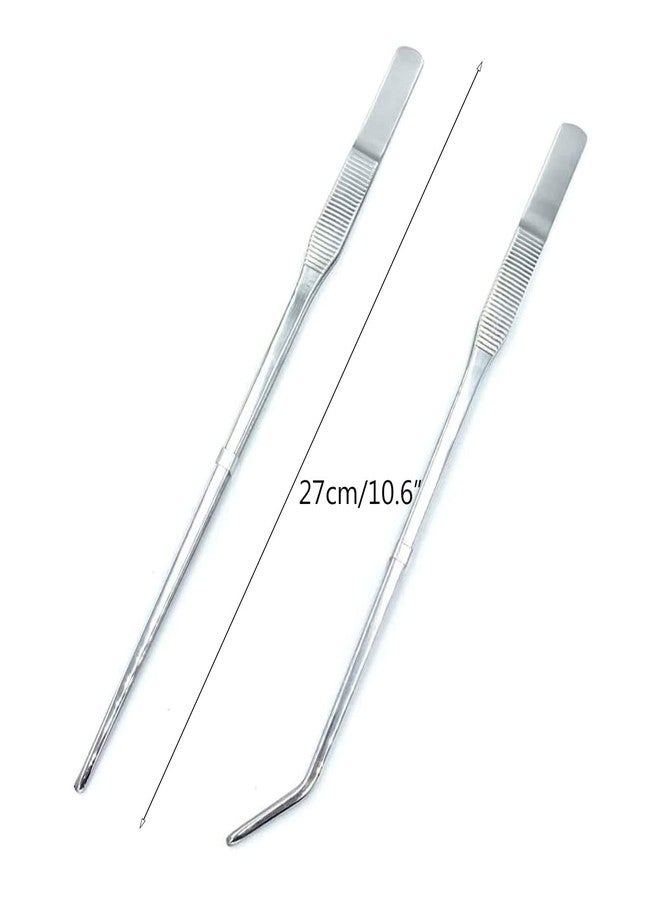 Wenplus 2PCS Aquarium Tweezers Stainless Steel Straight and Curved Tweezers Set Long Handle Reptile Feeding Tongs for Aquatic Plants Lizards Spider Snakes Garden Repairing - 10.6inch, Silver - Image 2
